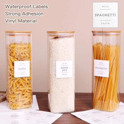 CZZGSM 3 Pack Square Kitchen Storage Jars with Airtight Bamboo Lids and 132 Pantry Labels - 80oz Glass Canisters with Wood Lids - Food Storage Containers for Spaghetti, Pasta, Fettuccine