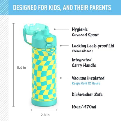 THERMOS FUNTAINER Water Bottle with Spout, 16oz, Wavy Checkers Teal (Pack of 6)