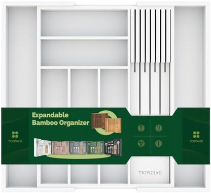 TIOPGHAD Expandable Bamboo Silverware Drawer Organizer Kitchen Tray, White