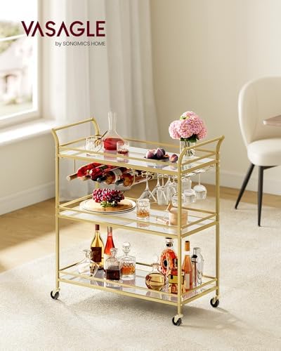 VASAGLE Bar Cart Gold, Large Home Bar Serving Cart with 3-Tier