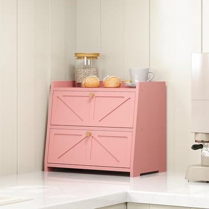 Trironsun Vintage Double Layer Bread Box for Kitchen Counter Bamboo Bread Storage Container Large Capacity Bread Storage Bin (Pink)