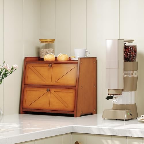 Trironsun Vintage Double Layer Bread Box for Kitchen Counter Bamboo Bread Storage Container Large Capacity Bread Storage Bin