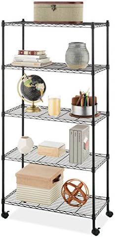 Whitmor 5 Tier Supreme Shelving Unit, Metal Storage Shelves, Adjustable Heavy Duty Shelf with Wheels, 400 lbs Capacity per Shelf, 2000 lbs Total for Pantry, Garage, Kitchen, Black