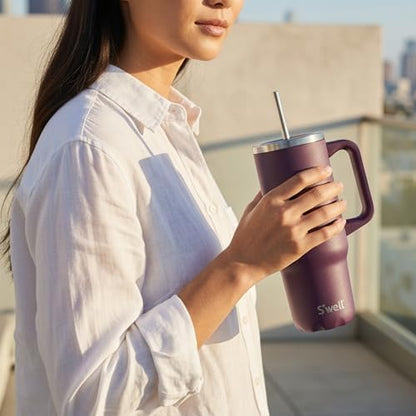 S'well Recycled Stainless Steel Tumbler XL with Straw and Handle, 30oz, Plum, Triple Layered Vacuum Insulated Container Keeps Drinks Cold 36 hours and Hot for 9, BPA Free