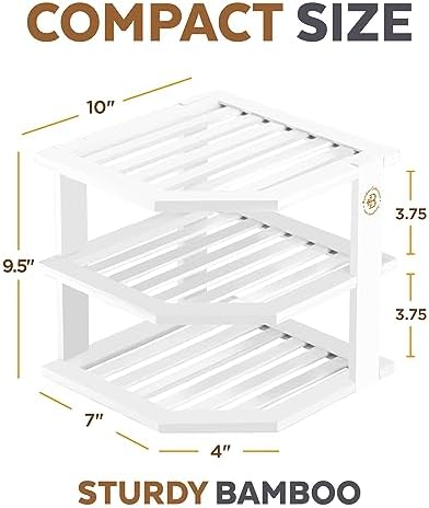 Bambüsi White 3-Tier Corner Shelf, Kitchen Cabinet Organizer, Bamboo Rack