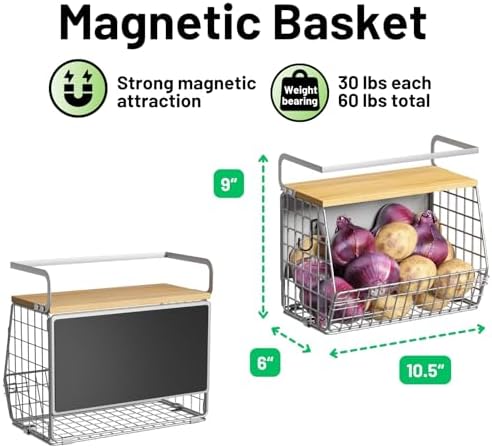 Magnetic Shelf for Fridge with Wood Lid, Fruit Potato and Onion Storage Bins, Pantry Organizers & Storage, Large Container Magnetic Spice Rack for Refrigerator, Kitchen Counter (Silver-gray, 2)