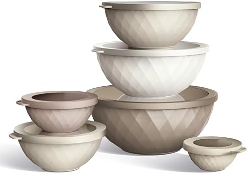 COOK WITH COLOR Mixing Bowls with Lids - 12 Piece Plastic Nesting Bowls Set includes 6 Prep Bowls and 6 Lids, Microwave Safe Mixing Bowl Set, Brown Diamond