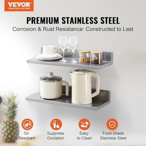 VEVOR 8.6" x 24" -2Pack Stainless Steel Shelf, Wall Mounted Floating Shelving with Backsplash, 44 lbs Load Capacity Commercial Shelves, Heavy Duty Storage Rack for Restaurant, Kitchen, Bar, Home