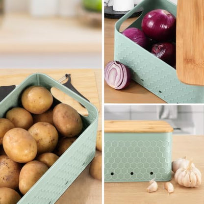 Kitchen Vegetable Storage Set of 3, Metal Onion Garlic Potato Storage Set, Kitchen Canisters Vegetable Keeper Containers with Aerating Holes and Bamboo Lid,Embossed Saga Green