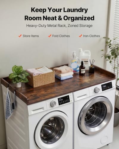 VEVOR Washer Dryer Countertop with 3 Splicing Panels, 54" x 27" Wooden Washer and Dryer Countertop with 2 Hooks, Water-Resistant Laundry Topper for Laundry Room Organization and Storage, Brown