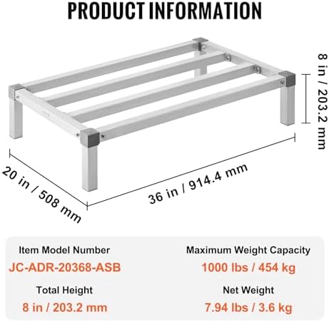 VEVOR Aluminum Dunnage Rack, 36” x 20” Commercial Food Floor Rack, 8” Off The Floor, 1000 lbs Capacity All-Welded Aluminum Storage, for Storage in Restaurants, Kitchens, Garages and Vehicles
