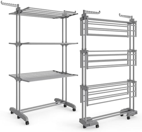 SONGMICS 4-Tier Clothes Drying Rack, Foldable, Rolling, 67.9-Inch Tall