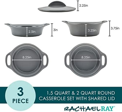 Rachael Ray Solid Glazed Ceramics Casserole Bakeware/Baker Set with Shared Lid, 3 Piece, Dark Gray