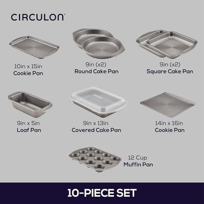 Circulon Total Nonstick Bakeware Set, Metal Baking Pans Set, 10-Piece, Gray
