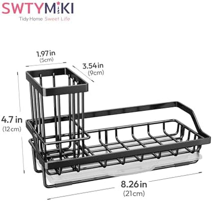 SWTYMIKI Sink Caddy Sponge Holder - Kitchen Sink Organizer with High Brush Holder for Countertop to Hold Dish Soaps and Sponges, Stainless Steel, Black (Pack of 2)