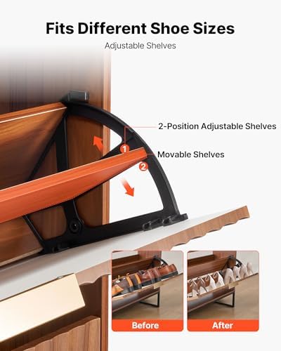VEVOR Shoe Cabinet with 2 Flip Drawers, Mid-Century Shoes Storage Cabinet with Anti-Tipping Device, Freestanding Fluted Shoe Organizer, Ideal for Entrance, Hallway, Bedroom, Living Room, Walnut