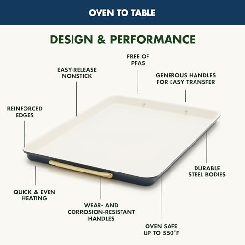 GreenPan Bakeware 13" x 9" Quarter Sheet Pan, Ceramic Nonstick Baking Pan, PFAS & BPA Free, Gold Handles, Durable Steel, Versatile & Space Saving Ovenware, Freezer to Oven Dish, Oxford Blue
