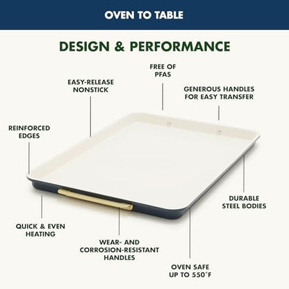 GreenPan Bakeware 13" x 9" Quarter Sheet Pan, Ceramic Nonstick Baking Pan, PFAS & BPA Free, Gold Handles, Durable Steel, Versatile & Space Saving Ovenware, Freezer to Oven Dish, Oxford Blue