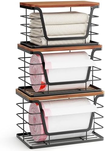ALOCEO 3 Pack Stackable Storage Bins with Lids, Stainless Steel Trash Bag Dispenser Roll Holder for for Kitchen Sink, Laundry, Pantry Organizer and Storage, Walnut Black
