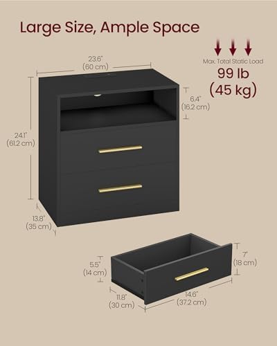 VASAGLE 23.6 Nightstands, LED Lights, Charging Station, 2 Drawers