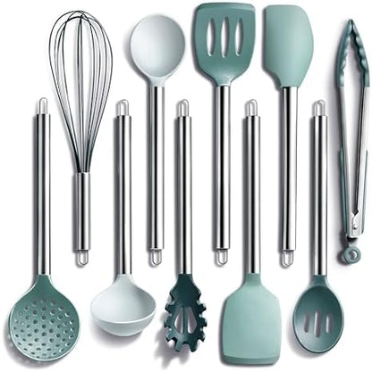 COOK WITH COLOR Silicone Cooking Utensils, Kitchen Utensil Set, Easy to Clean Silicone Kitchen Utensils, Cooking Utensils for Nonstick Cookware, Kitchen Gadgets Set, 10 Pieces, Teal