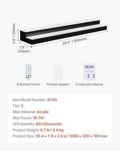 VEVOR LED Lighted Liquor Bottle Display, 2 Tiers 40 inches, Supports USB, Acrylic Illuminated Home Bar Shelf Display with RF Remote & App Control, 9 Static Colors, Timing Mode, for 20-28 Bottles