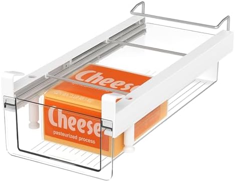 vacane Fridge Organizer Drawer, Clear Plastic Fridge Organizer Bins, Add on Refrigerator Drawer,Fridge Storage Container Under Shelf Holder for Fruit, Vegetable, Meat, Cheese, Easy to Install-M