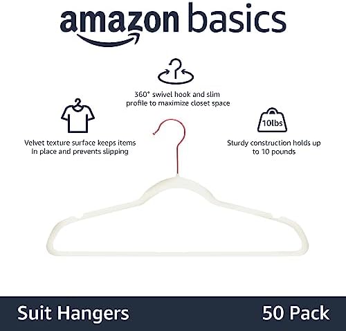 Amazon Basics Slim Velvet Non-Slip Space Saving Suit Clothes Hangers, Closet Organizer, Sturdy Construction, Ivory/Rose Gold, 50-Pack