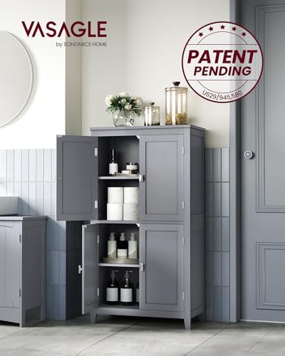 VASAGLE Bathroom Floor Storage Cabinet with 4 Doors, Dove Gray,