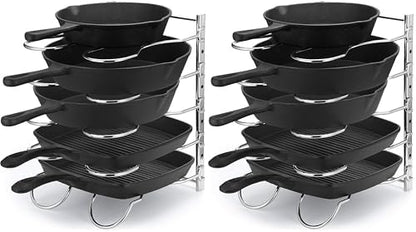 CAXXA Heavy Duty Pan Rack, Pot Lid Rack, Kitchen Cabinet Pantry Cookware Organizer Rack Holder with 5 Adjustable Dividers, Chrome (Pack of 2)