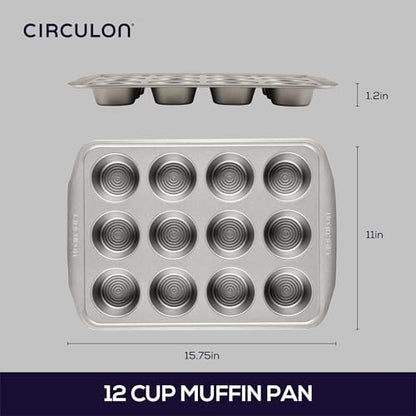 Circulon Nonstick Bakeware 12-Cup Muffin Tin, Gray, Steel