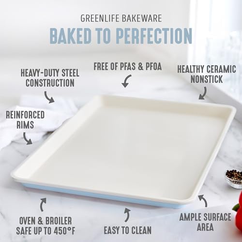 GreenLife Bakeware 18” x 13” Half Cookie Sheet Baking Pan, Non-Toxic PFAS-Free Healthy Ceramic Nonstick, Oven Safe to 450°F, Easy Release, Even Heating, Easy Clean, Blue Haze