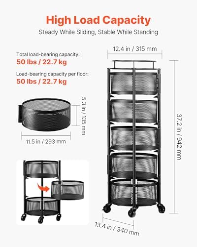 VEVOR Rotating Storage Rack Cart, 5 Tier Fruit and Vegetable Basket Bowls, Heavy Duty Wire Basket Organizer on Wheels, Large Capacity Stand with Metal Top Lid, for Kitchen Bathroom Nursery, Black