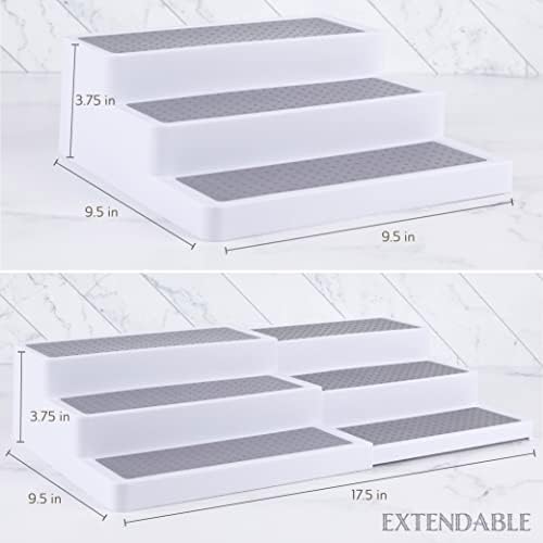 Oizeir Plastic 3-Tier Expandable Spice Rack, Adjustable Length, Stability with Non-Skid Shelf, For Easy Visibility, Organizer for Kitchen Cabinet, Pantry or Countertop, (2-Pack), White/Grey