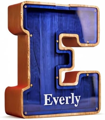 Summidate Customized Name Large Wooden Piggy Bank for Kids Boys Girls Alphabets Letter A-Z Coins Bills Money Change Bank Box Initial on Clear Cover (Laser Engraved) (Alphabet-M, Personalized-9")