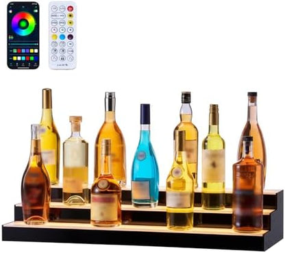 VEVOR LED Lighted Liquor Bottle Display, 3 Tiers 30 inches, Acrylic Illuminated Home Bar Shelf Display with RF Remote & App Control, DIY Setup with Type-C Cables, 9 Static Colors, for 21-30 Bottles