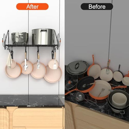 VyGrow 28 Inch Pot Rack Wall Mounted, Pots and Pans Organizer with 12 Hooks and 2 Pot Lid Holders, Heavy Duty Steel Pot and Pan Hanger for Kitchen Cookware Utensils Storage 34.7" Lx13 Wx12.6 H