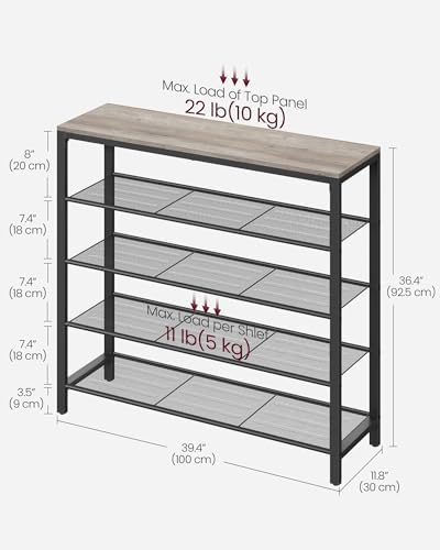 VASAGLE INDESTIC Shoe Rack, Organizer for Closet with 4 Mesh Shelves and Large Top for Bags, Entryway Hallway Shelf, Steel Frame, Industrial, Greige and Black ULBS015B02, 11.8 x 39.4 x 36.4 Inches