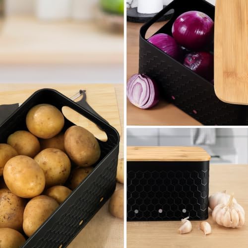 Kitchen Vegetable Storage Set of 3, Metal Onion Garlic Potato Storage Set, Kitchen Canisters Vegetable Keeper Containers with Aerating Holes and Bamboo Lid,Embossed Black