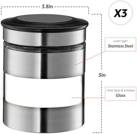 Le'raze Quality Stainless Steel Canister Set of 3 for Kitchen Counter with Glass Window & Airtight Lid - Food Storage Containers with Lids Airtight - Pantry Storage and Organization Set