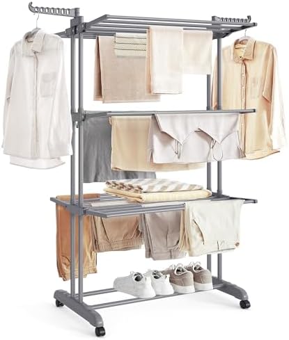SONGMICS 4-Tier Clothes Drying Rack, Foldable, Rolling, 66.6-Inch Tall