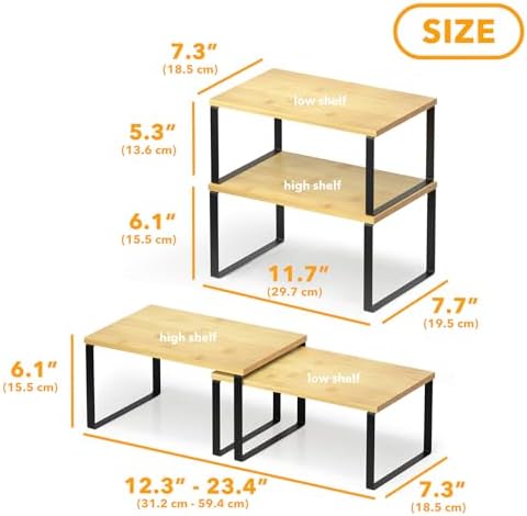 SpaceAid Cabinet Shelf Organizers 2 Pack, Kitchen Counter Rack Shelves Riser, Stackable Expandable Spice Rack, Pantry Cupboard Storage Organization (Black and Natural, Short)