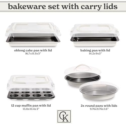 Country Kitchen Baking Pans Set - 10 Piece Non-Stick Cake Pans with Carry Lids for Easy Storage & Travel, Perfect for Parties - Stackable, Cream