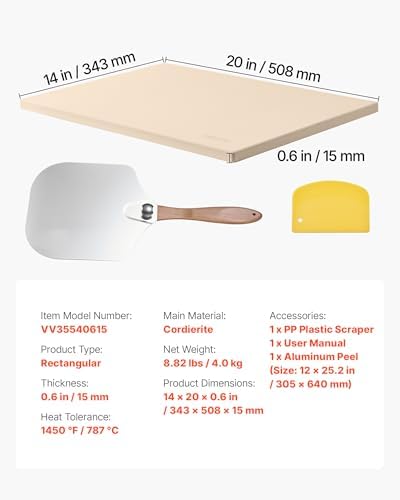 VEVOR Pizza Stone, 20 x 14 x 0.6 in Rectangular Cordierite Pizza Stone, 1450℉ Heat-Resistant Cook Stone, Extra Large Baking-Stone with Metal Peel, Scraper, for Kitchen Bake Oven, BBQ Grill