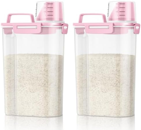 TBMax Rice Container 2 Pack 5 Lbs Cereal Container Storage, Kitchen Pantry Food Storage Holder with Cup, Small Pet Dog Cat Food Container -Pink
