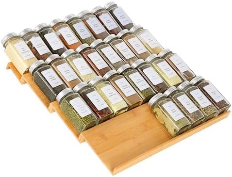Spice Drawer Organzier,4 Tiers Bamboo Spice Rack Tray Insert for Cabinet Drawer Countertop, Kitchen Seasoning Storage Drawer Organization,14.57" Wide x 15.8" Deep （Hold UP To 32 Jars