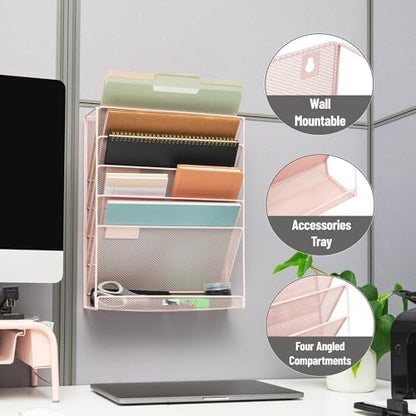 Mind Reader 5-Pocket Vertical File Storage, Desktop Organizer, Wall Mount, Office, Metal Mesh, Pink