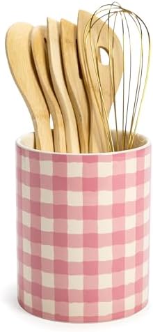 Paris Hilton Kitchen Utensils Tool Crock Set, Bamboo Cooking Tools with Gold-Finish Stainless Steel Whisk and Ceramic Stoneware Utensil Holder, Gingham Design, 7-Piece, Pink
