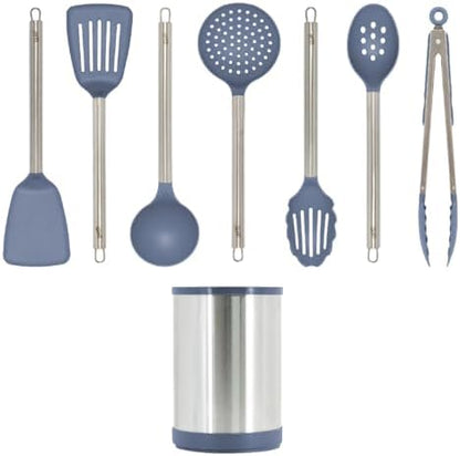 Glad Kitchen Utensils Set, 8pcs - Nonstick Cooking Tools with Stainless Steel Handles & Rotating Utensil Holder - Turners, Ladle, Spoon, Tongs, Spaghetti Server, and Skimmer - Dishwasher Safe, Blue