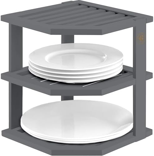 Bambüsi Grey 3-Tier Corner Shelf, Kitchen Cabinet Organizer, Bamboo Rack